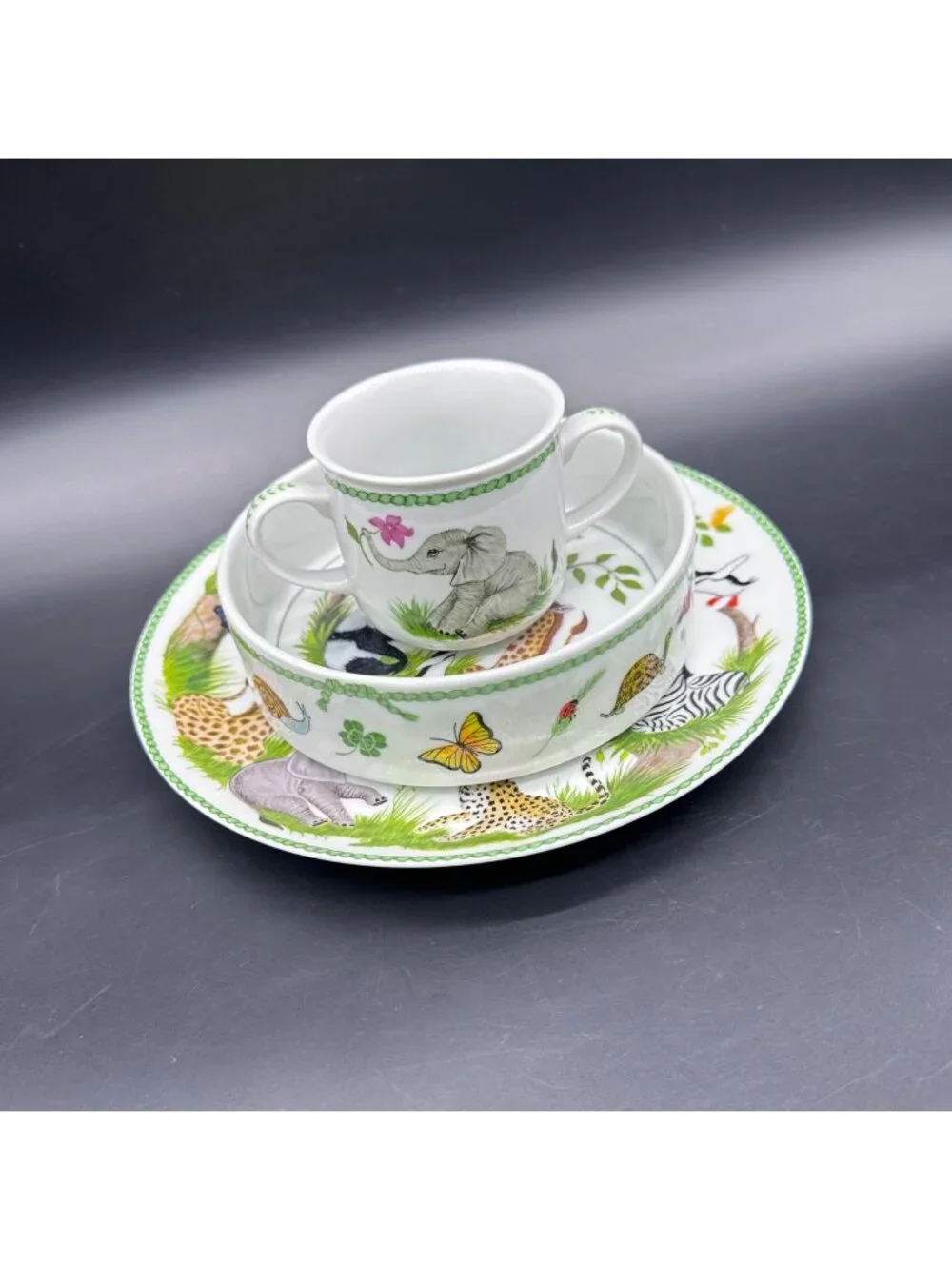 Vintage Childs Dish Set Plate Bowl Cup Lynn Chase 1988 Jungle Party Animal Japan - Picture 1 of 7